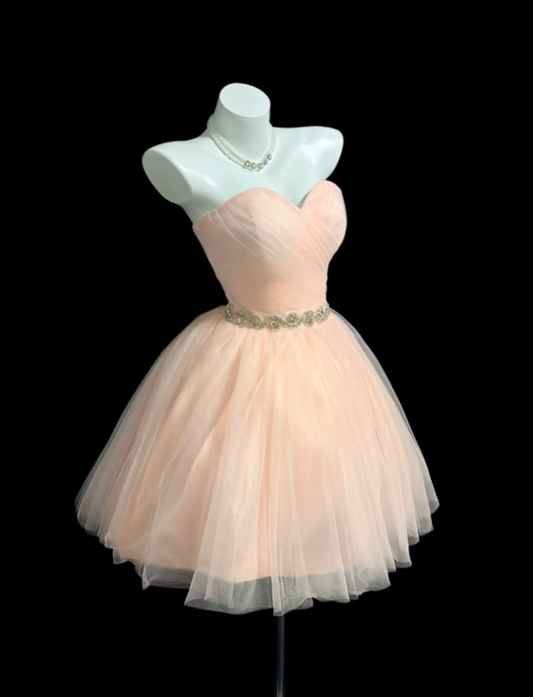 Cute Ball Gown Sweetheart Blush Pink Tulle Mini Senior Inspo Short Party Outfits Formal Homecoming Dresses RB3076
