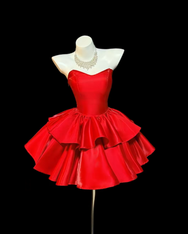 Gorgeous Ball Gown Strapless Satin Red For Women Mini Senior Inspo Short 16th Birthday Outfits Homecoming Dresses RB3080