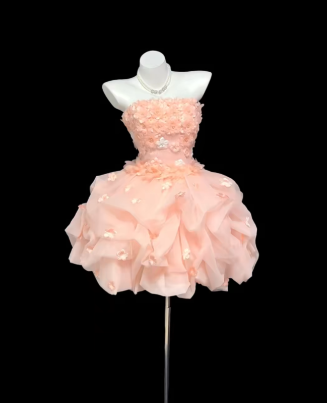 Fairy Ball Gown Strapless With 3D Flowers Graduation Gown Blush Pink Mini Senior Inspo Short Homecoming Dresses RB3098