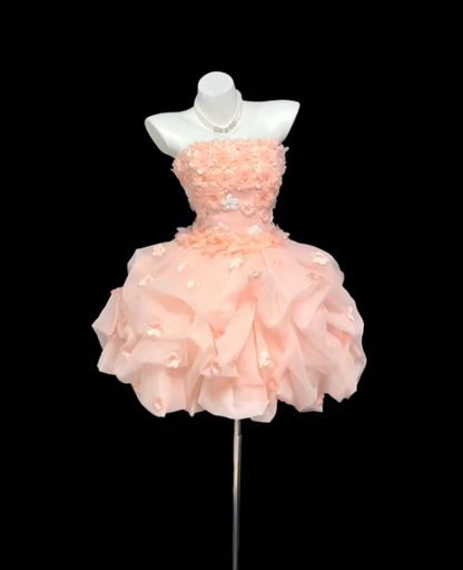 Fairy Ball Gown Strapless With 3D Flowers Graduation Gown Blush Pink Mini Senior Inspo Short Homecoming Dresses RB3098