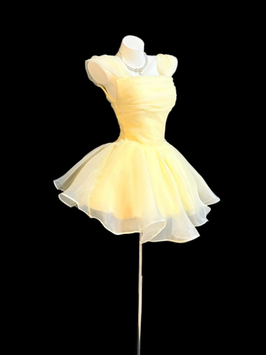 Cute Ball Gown Square Neck Yellow Mini Senior Inspo Short Birthday 17th Party Outfits Formal Homecoming Dresses RB3101