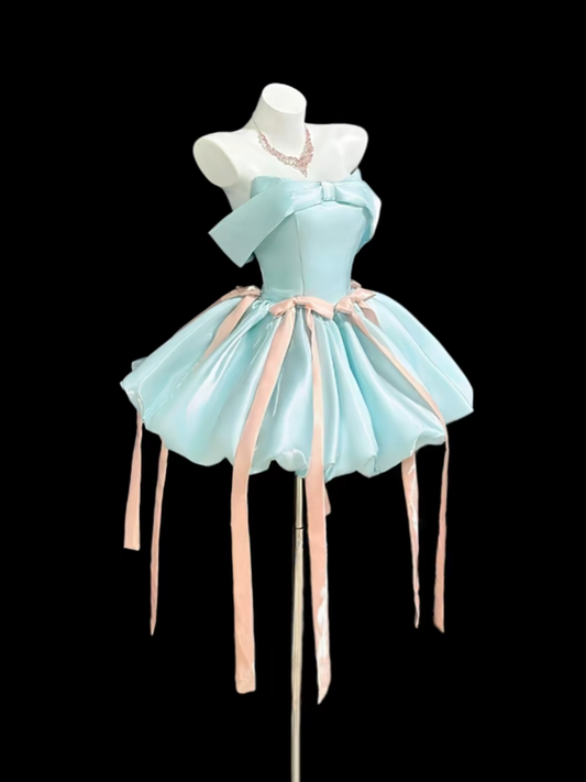 Aesthetic Ball Gown Off The Shoulder Blue 18th Birthday Outfit Ideas With Bow Inspo Short Hoco Gown Homecoming Dresses RB3109