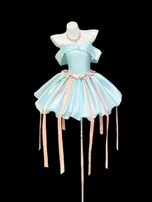 Aesthetic Ball Gown Off The Shoulder Blue 18th Birthday Outfit Ideas With Bow Inspo Short Hoco Gown Homecoming Dresses RB3109
