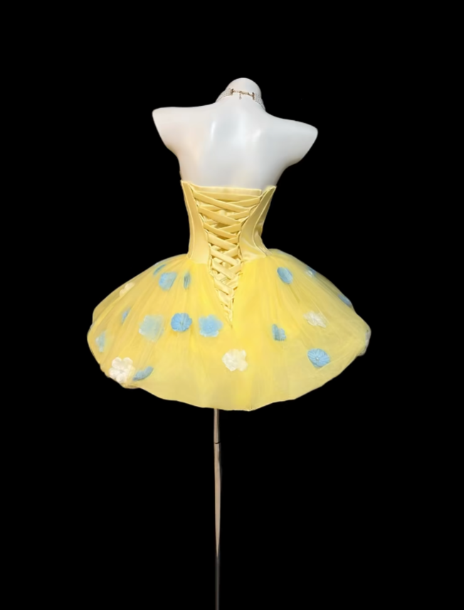 Cute Ball Gown Strapless Yellow With 3D Flowers Mini Senior Inspo Short Birthday 19th Party Outfits Homecoming Dresses RB3110