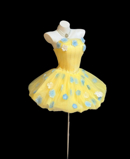Cute Ball Gown Strapless Yellow With 3D Flowers Mini Senior Inspo Short Birthday 19th Party Outfits Homecoming Dresses RB3110