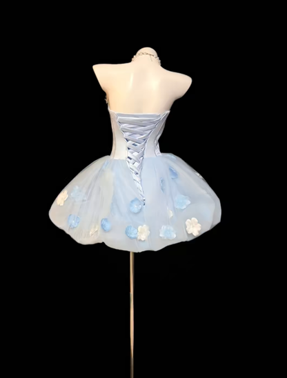 Cute Ball Gown Strapless Light Sky Blue With 3D Flowers Mini Senior Inspo Short Birthday 19th Party Outfits Homecoming Dresses RB3113