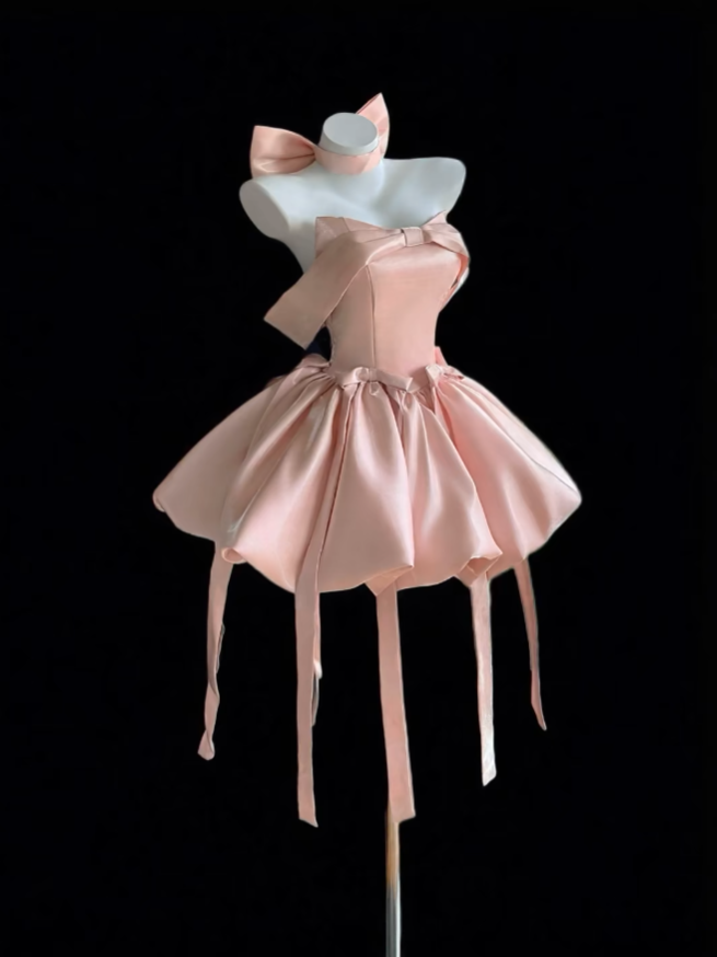 Aesthetic Ball Gown Off The Shoulder Pink 18th Birthday Outfit Ideas With Bow Inspo Short Hoco Gown Homecoming Dresses RB3117