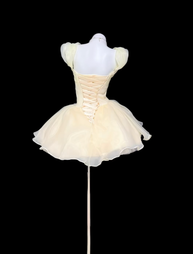 Fairy Ball Gown Light Yellow Square Neck Graduation Gown Mini Senior Inspo Short Homecoming Dress RB3119