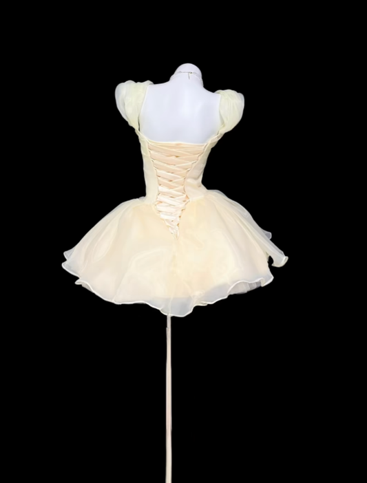 Fairy Ball Gown Light Yellow Square Neck Graduation Gown Mini Senior Inspo Short Homecoming Dress RB3119