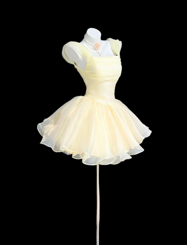 Fairy Ball Gown Light Yellow Square Neck Graduation Gown Mini Senior Inspo Short Homecoming Dress RB3119