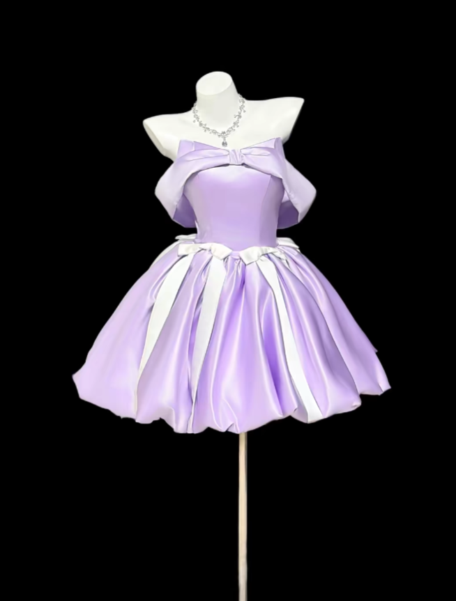 Aesthetic Ball Gown Off The Shoulder Lilac 18th Birthday Outfit Ideas With Bow Inspo Short Hoco Gown Homecoming Dresses RB3120