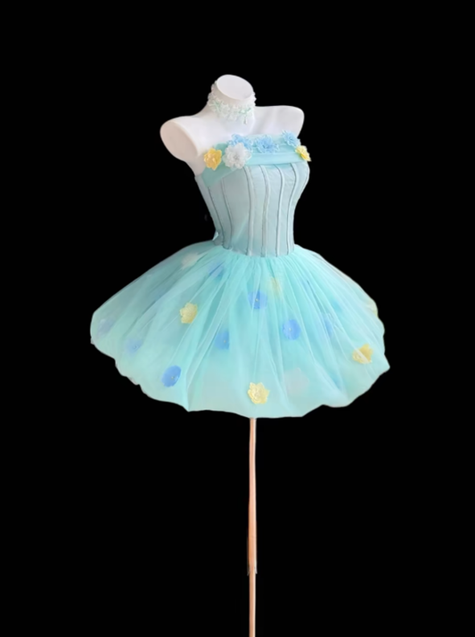 Cute Ball Gown Strapless Light Sky Blue With 3D Flowers Mini Senior Inspo Short Birthday 17th Party Outfits Homecoming Dresses RB3124