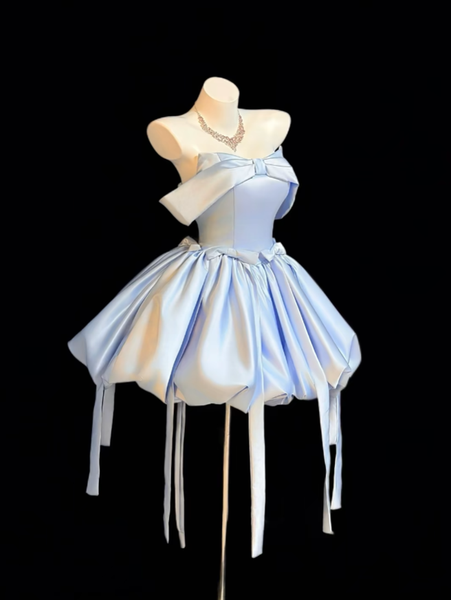 Aesthetic Ball Gown Off The Shoulder Light Sky Blue 18th Birthday Outfit Ideas With Bow Inspo Short Hoco Gown Homecoming Dresses RB3126