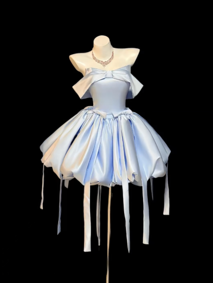 Aesthetic Ball Gown Off The Shoulder Light Sky Blue 18th Birthday Outfit Ideas With Bow Inspo Short Hoco Gown Homecoming Dresses RB3126