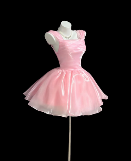 Cute Ball Gown Pink Square Neck Graduation Gown Mini Senior Inspo Short Homecoming Dress RB3127
