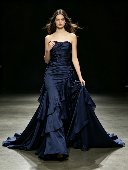 Dreamy Mermaid Strapless Navy Blue With Pleated Long Prom Dress Ruffles Evening Party Formal Outfits RB6685