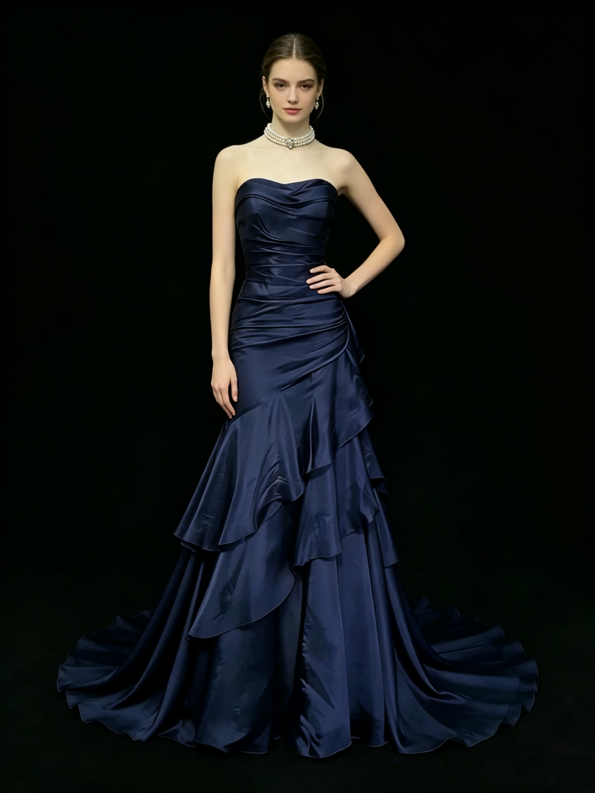 Dreamy Mermaid Strapless Navy Blue With Pleated Long Prom Dress Ruffles Evening Party Formal Outfits RB6685
