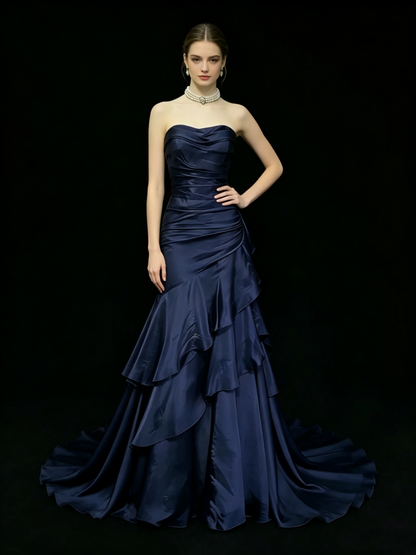 Dreamy Mermaid Strapless Navy Blue With Pleated Long Prom Dress Ruffles Evening Party Formal Outfits RB6685