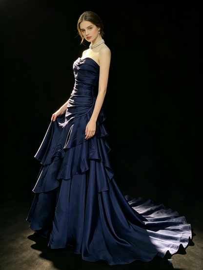 Dreamy Mermaid Strapless Navy Blue With Pleated Long Prom Dress Ruffles Evening Party Formal Outfits RB6685