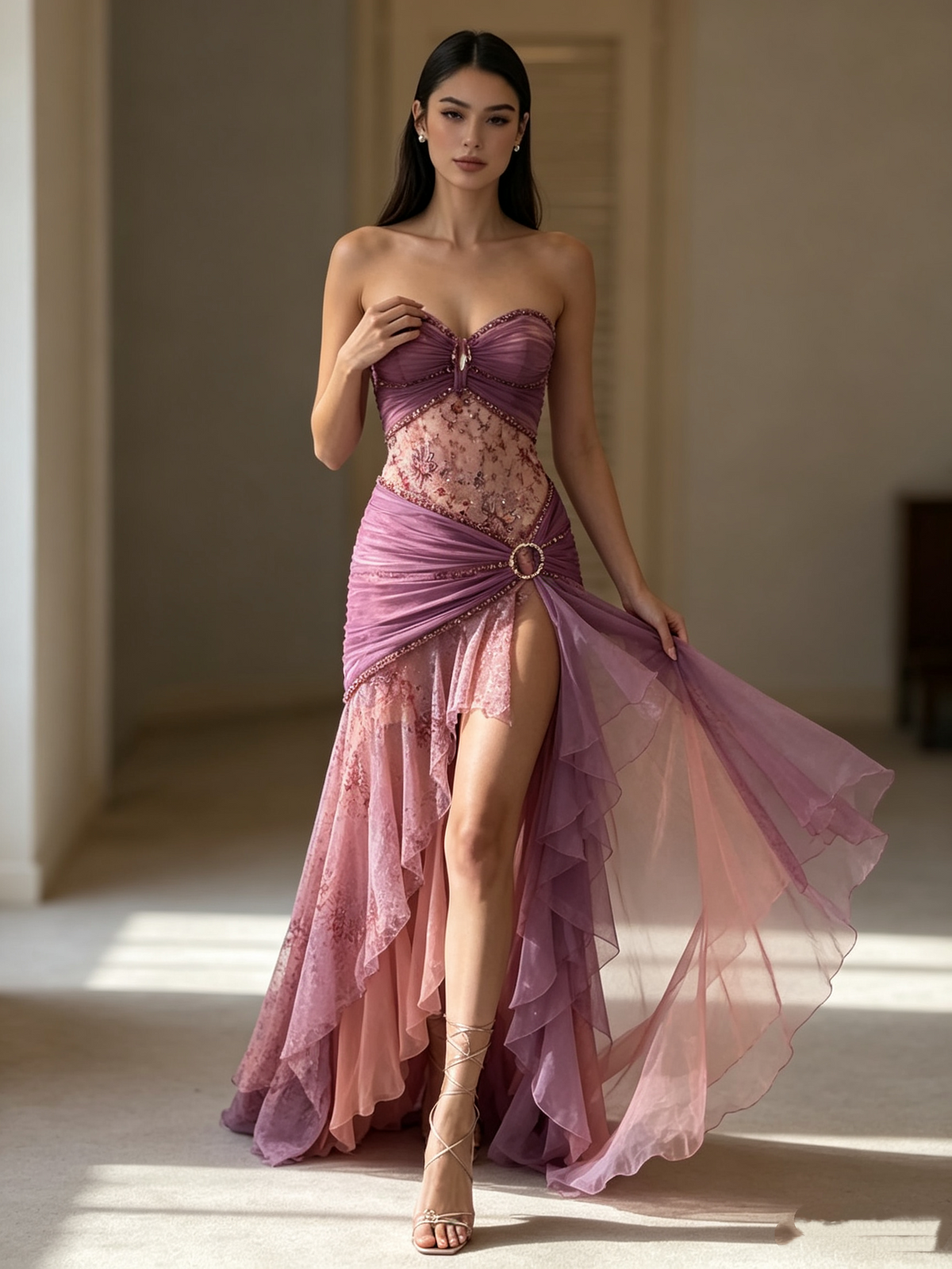 Elegant High Low Sweetheart Pink Lilac Chiffon With Ruffles Perfection-Formal Goals Nigh Evening Long Prom Dress Party Outfits RB6737