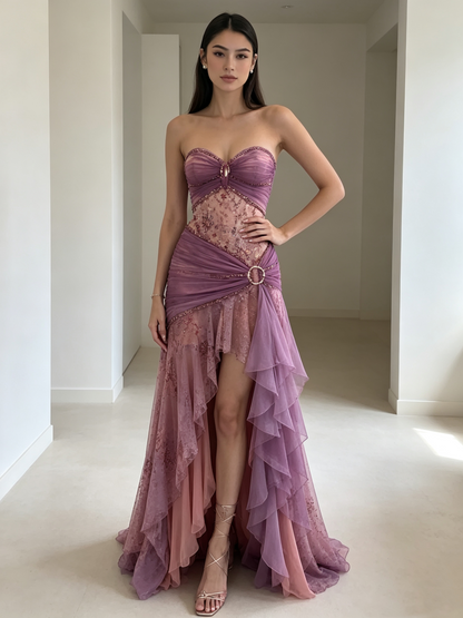 Elegant High Low Sweetheart Pink Lilac Chiffon With Ruffles Perfection-Formal Goals Nigh Evening Long Prom Dress Party Outfits RB6737
