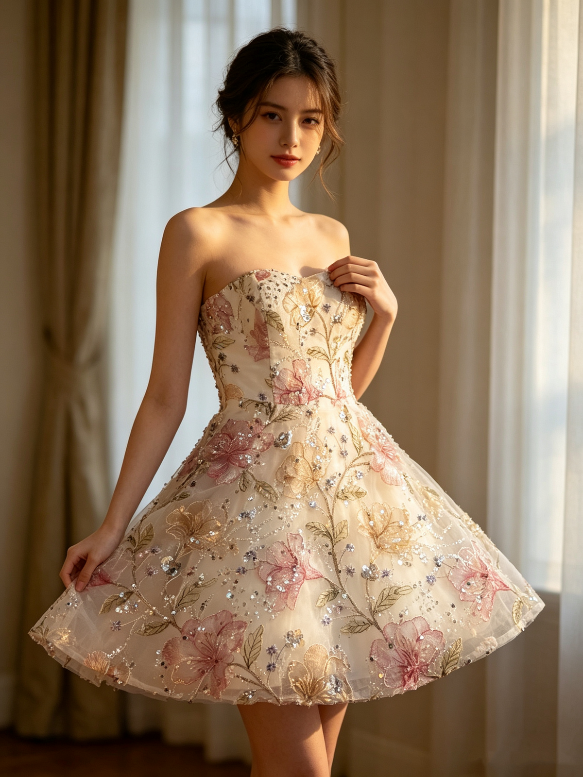 Sparkly A Line Strapless Homecoming Dresses Lace Graduation Cocktail Graduation Outfit RB6754