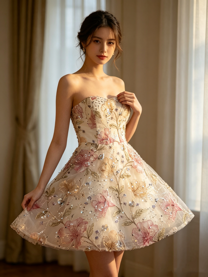Sparkly A Line Strapless Homecoming Dresses Lace Graduation Cocktail Graduation Outfit RB6754