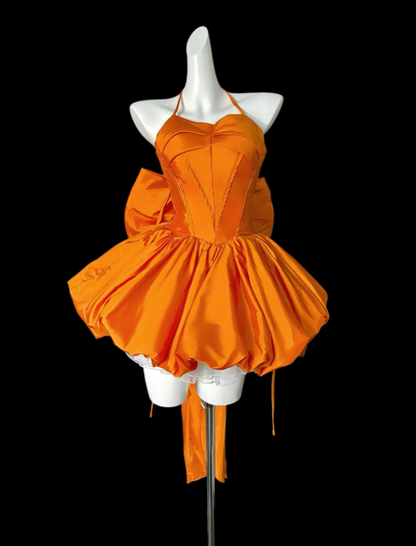 Cute Ball Gown Halter Orange With Bow Satin University Ideas Homecoming Dress Inspo Short High School Senior Hoco Court Dresses RB6989