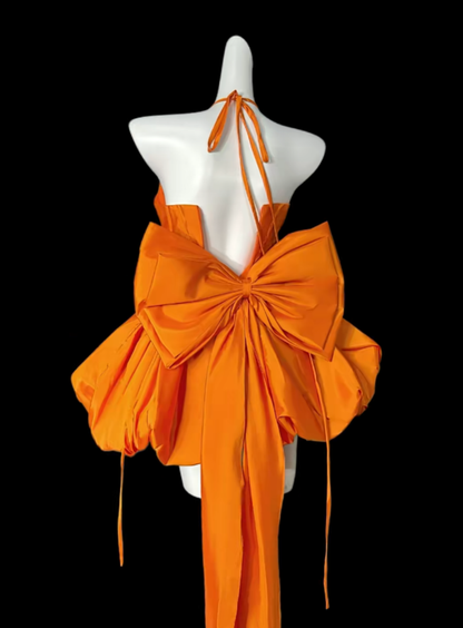 Cute Ball Gown Halter Orange With Bow Satin University Ideas Homecoming Dress Inspo Short High School Senior Hoco Court Dresses RB6989