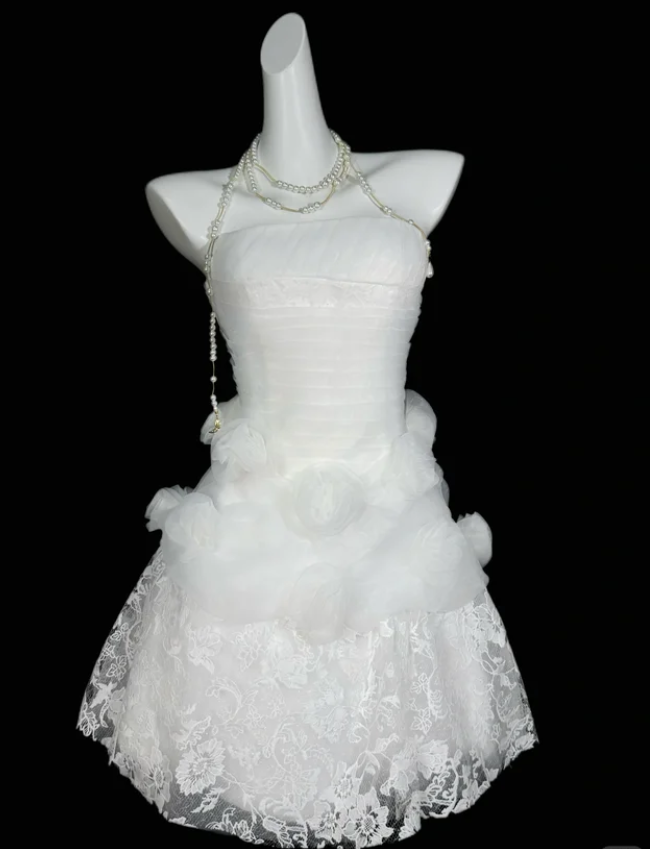 Pretty Ball Gown Strapless White Lace Mini University Ideas Homecoming Dress Inspo Short High School Senior Graduation Outfit RB7011