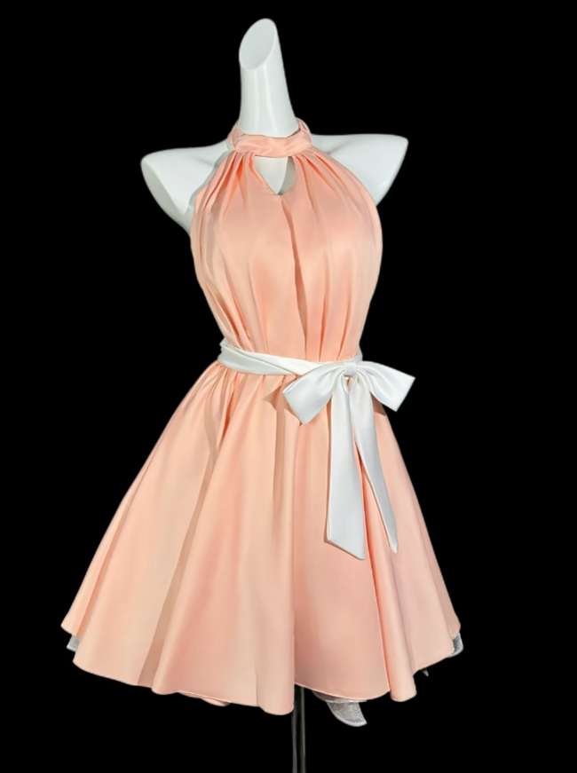 Modest A line Halter Pink University Ideas Backless Homecoming Outfits Inspo Senior Hoco Court Dresses RB7056
