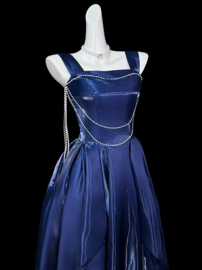 Simple A Line Square Navy Blue Long Prom Dress With Ruffled Formal Dress Party Dresses RB7068