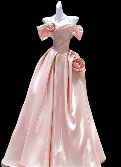 Beautiful Ball Gown Off The Shoulder Pink Satin Long Prom Dress Formal Dress Party Dresses RB7206