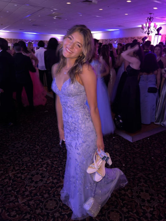 Timeless Mermaid Spaghetti Straps Light Sky Blue Lace Tulle Prom Dress Inspiration Long Party Formal Prom Dresses RB720