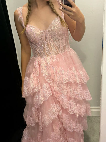 Elegant Ball Gown Sleeveless Lace Slit Floor Length Light Pink Prom Dress Inspiration Ideas Prom Inspo Dresses Party Dress RB724
