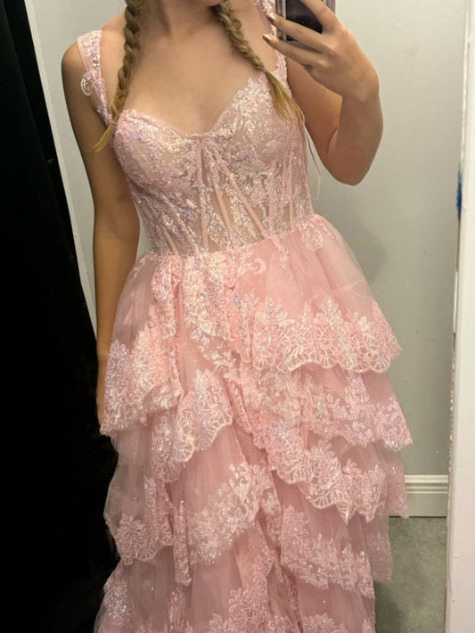 Elegant Ball Gown Sleeveless Lace Slit Floor Length Light Pink Prom Dress Inspiration Ideas Prom Inspo Dresses Party Dress RB724