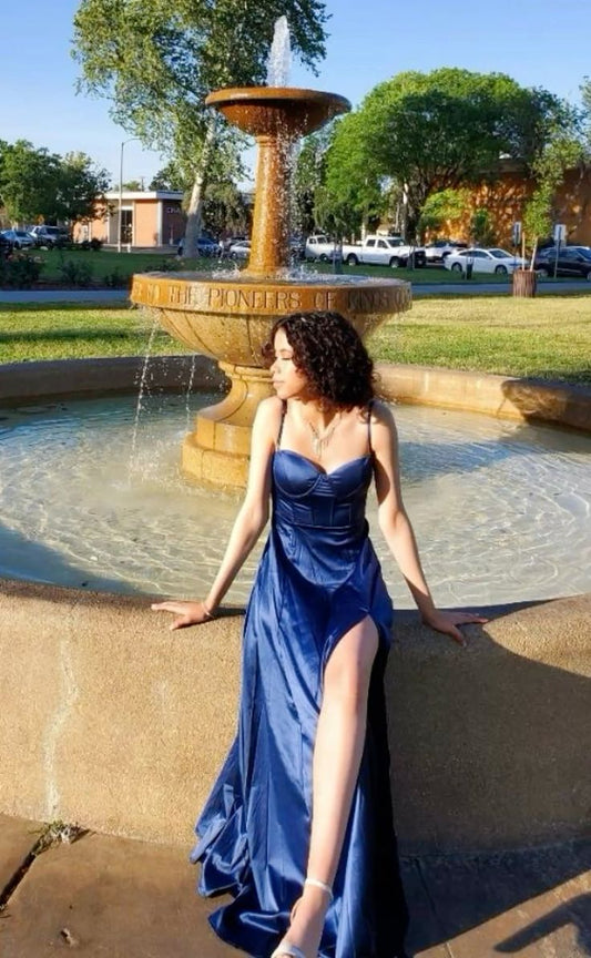 Timeless Mermaid Spaghetti Straps Navy Blue Satin Slit Prom Dress Inspiration Long Party Formal Prom Dresses RB725