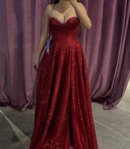 Elegant A Line Halter Red Sequin Slit Prom Dress Inspiration Long Party Formal Prom Dresses RB727