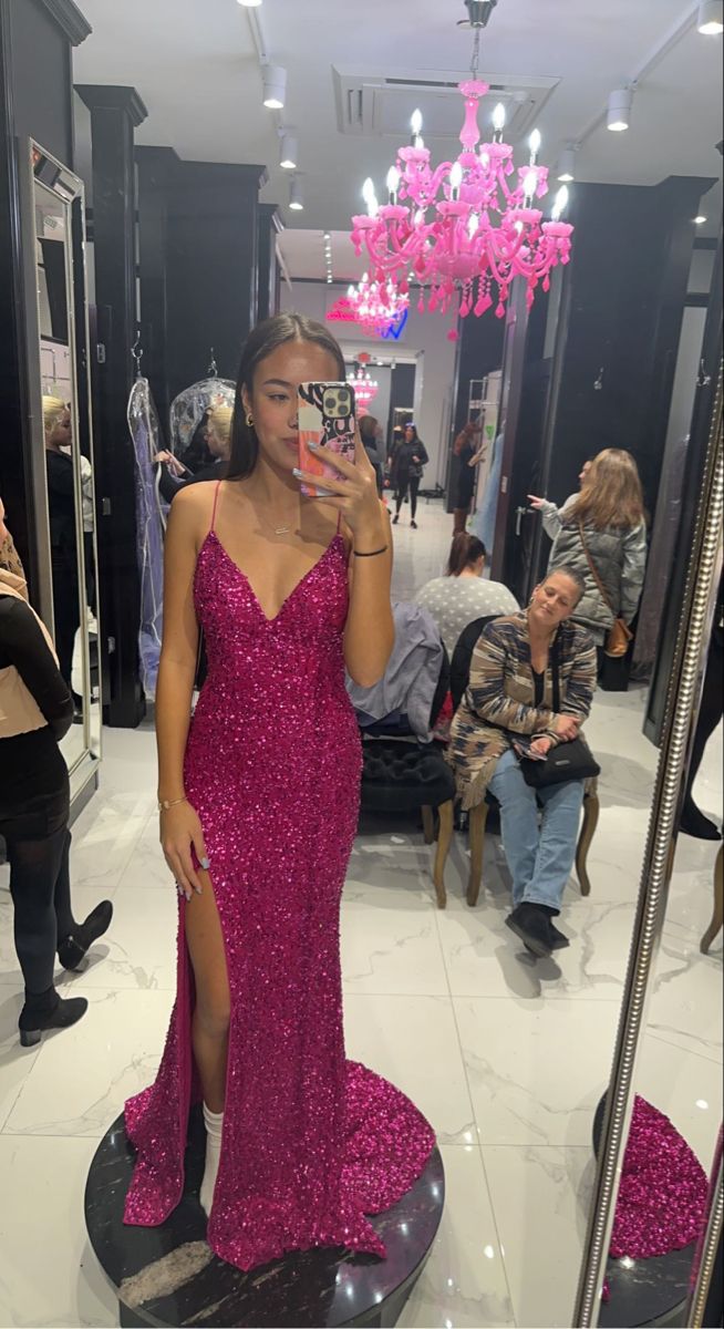 Timeless Mermaid Spaghetti Straps Sequin Fuchsia Slit Prom Dress Inspiration Long Party Formal Prom Dresses RB728