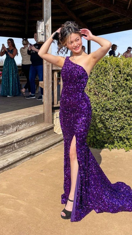 Sexy Mermaid One Shoulder Grape Sequin Slit Prom Dresses Party Dress 21st Birthday Outfits Graduation Dress RB741