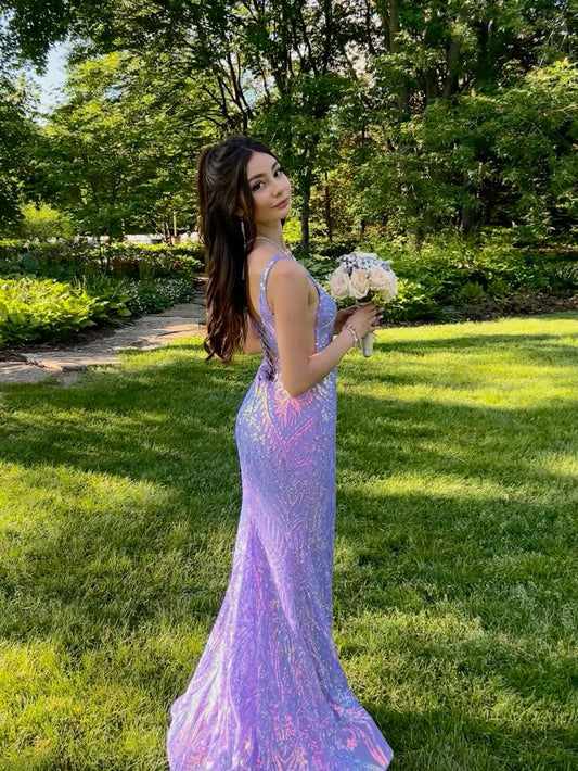 Sexy Mermaid V Neck Lilac Sequin Prom Dresses Party Dress 21st Birthday Outfits Graduation Dress RB749