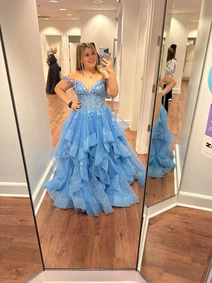 Cute Ball Gown Off The Shoulder Blue Lace Tulle Prom Dresses Party Dress Birthday Outfits Graduation Dress RB765