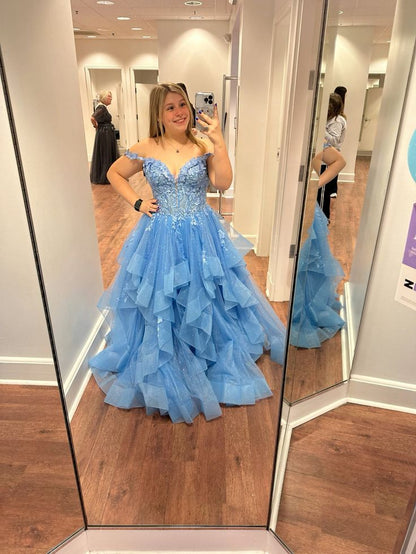 Cute Ball Gown Off The Shoulder Blue Lace Tulle Prom Dresses Party Dress Birthday Outfits Graduation Dress RB765