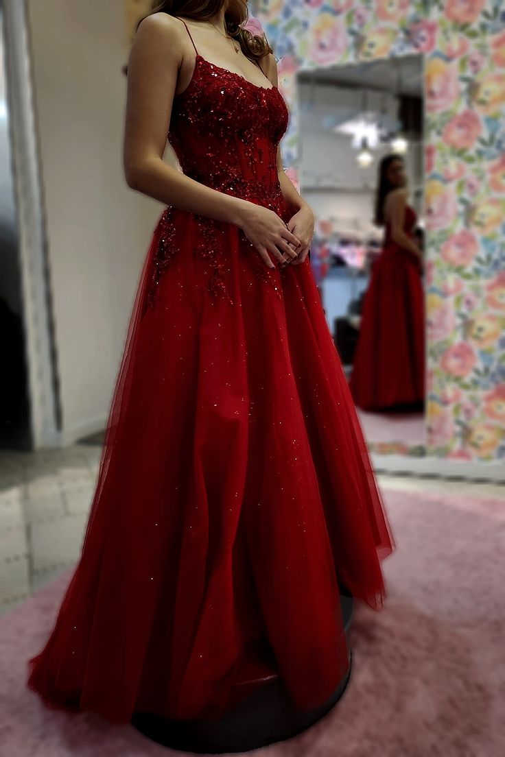 Cute A Line Spaghetti Straps Burgundy Tulle Lace Prom Dresses Party Dress Birthday Outfits Graduation Dress RB769