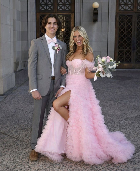 Charming Ball Gown Off The Shoulder Pink Tulle Prom Dresses Party Dress Birthday Outfits Graduation Dress RB772
