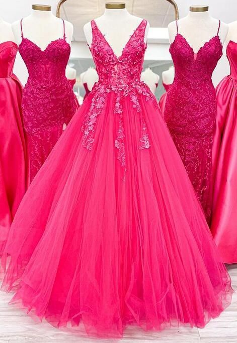 Trendy Ball Gown V Neckline Hot Pink Lace Tulle Prom Dresses Party Dress 18th Birthday Outfits Graduation Dress RB784