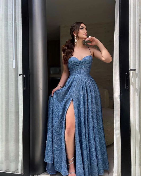 Cute A Line Halter Sequin Blue Slit Prom Dresses Party Dress 18th Birthday Outfits Graduation Dress RB785
