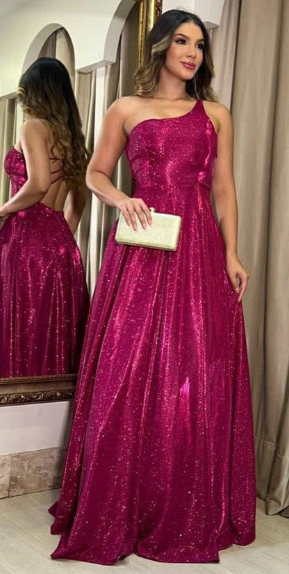 Elegant A line One Shoulder Sequin Hot Pink Senior Aesthetic Prom Dresses Prom Gowns Birthday Outfits Graduation Dress RB753