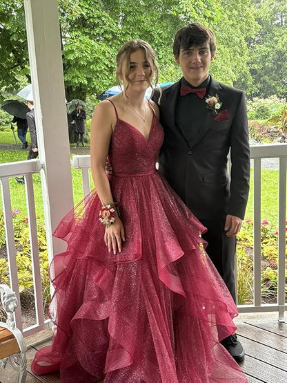Elegant Ball Gown Spaghetti Straps Burgundy Layers Tulle Long Prom Dresses Inspiration Trending Evening Gowns Formal Dress RB787