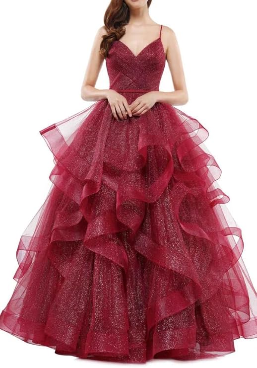 Elegant Ball Gown Spaghetti Straps Burgundy Layers Tulle Long Prom Dresses Inspiration Trending Evening Gowns Formal Dress RB787